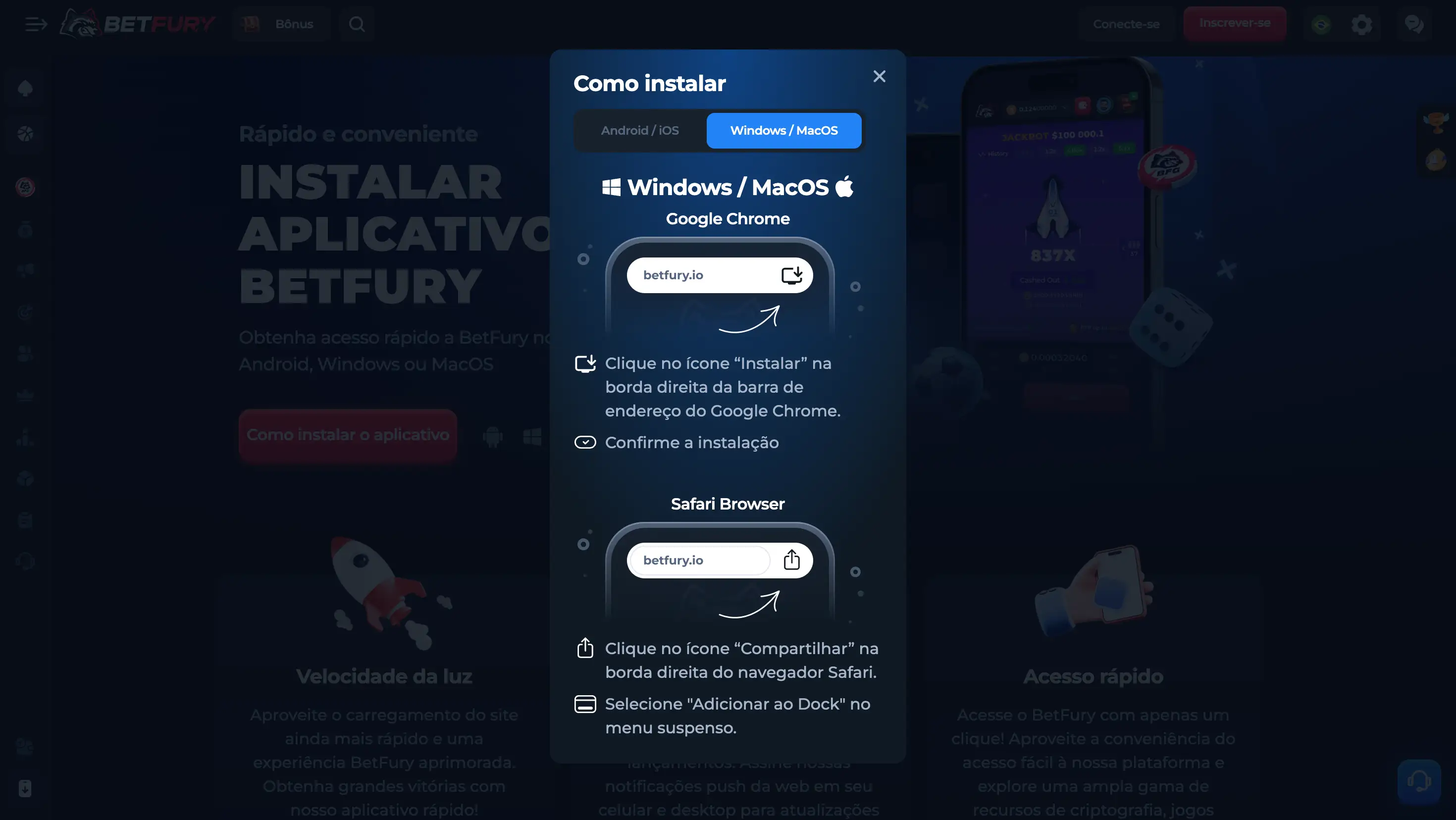 Instrução visual para instalar o app BetFury no Windows e MacOS