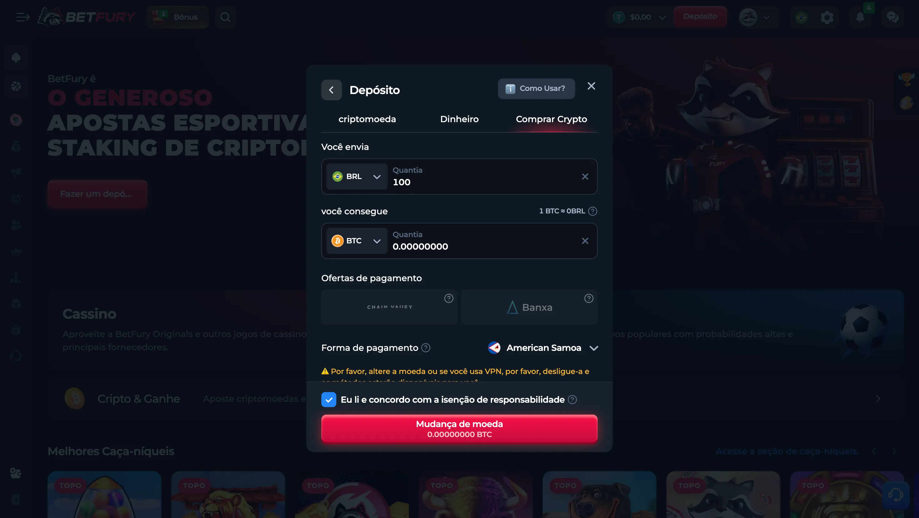 Métodos conectados para criar conta BetFury